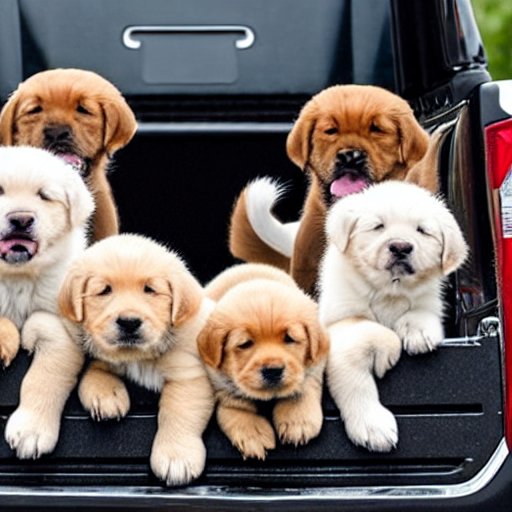 Group of puppies in a truck